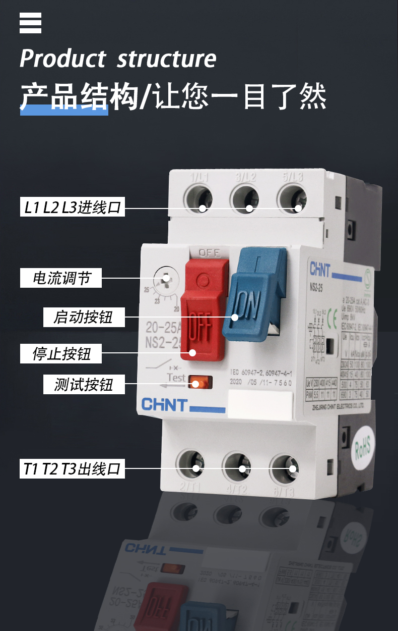 正泰电动机保护器ns2马达启起动器三相电机过载短路保护空开断路睿灿