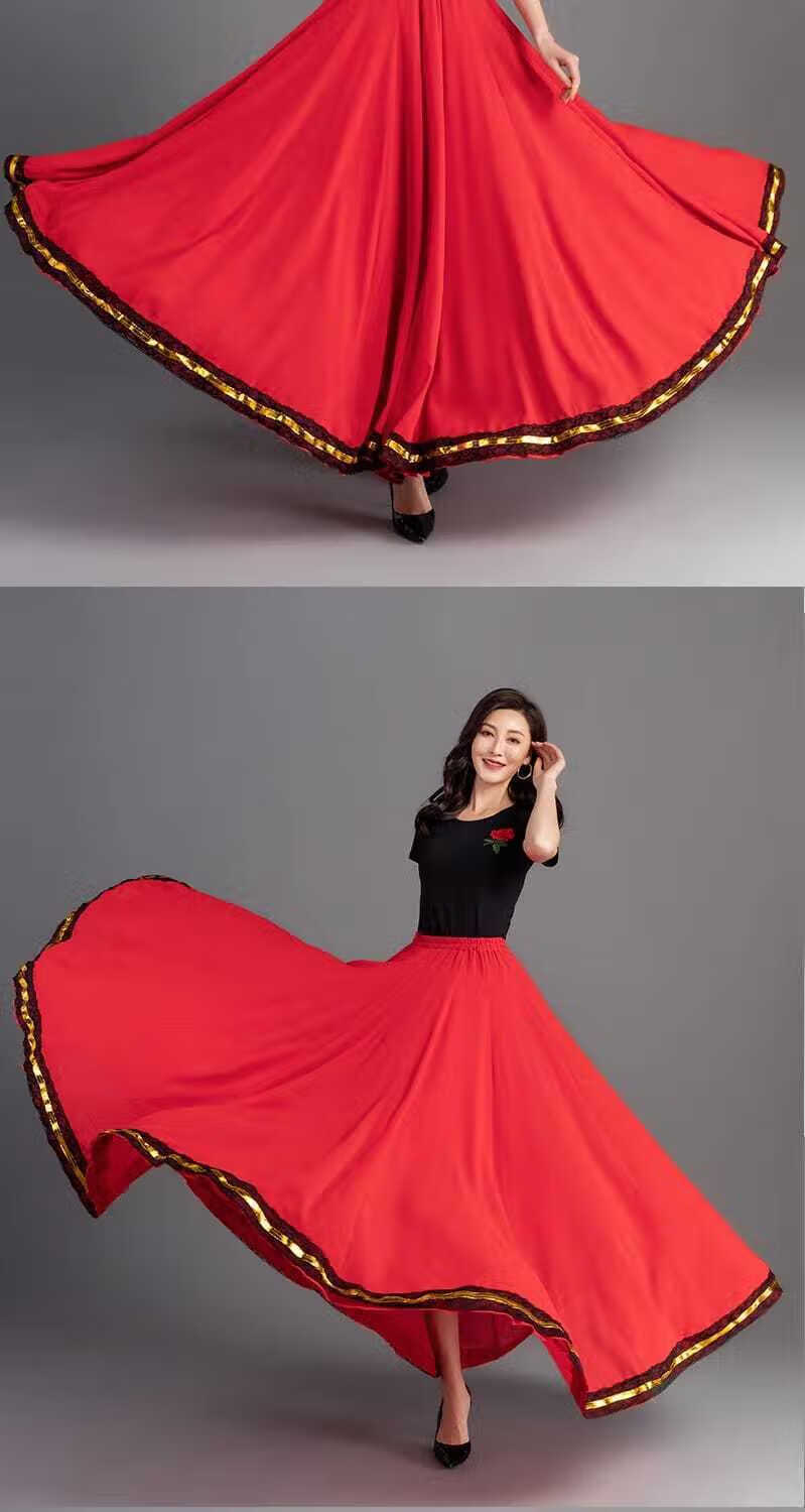 新疆舞蹈服装女720度红色花边长裙大摆裙跳舞新疆舞广场舞民族舞红色