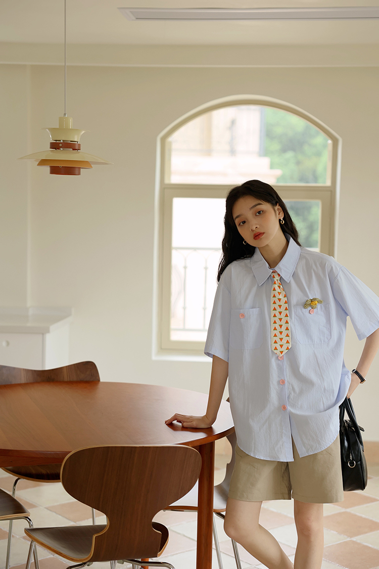 日系短袖衬衫少女夏装2022新款初中高中学生学院风宽松jk百搭衬衣蓝色