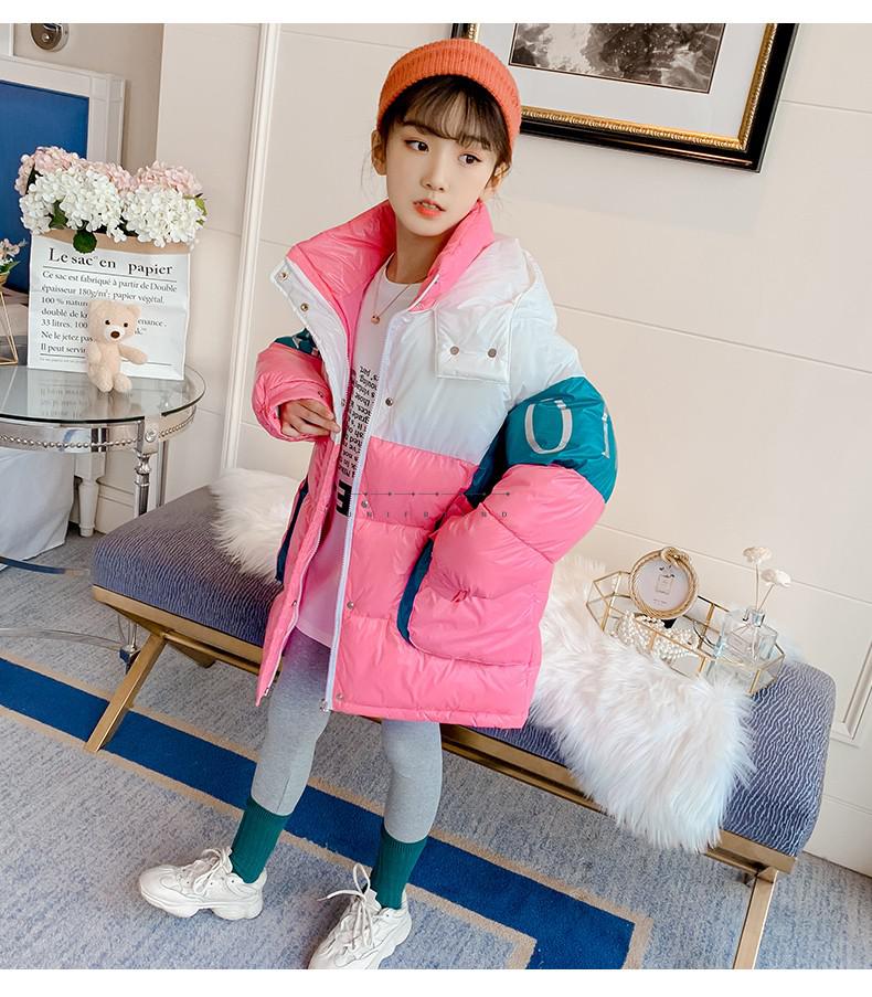 冬装女童撞色亮皮免洗棉服小学生冬装外套粉红色120码建议身高110厘米