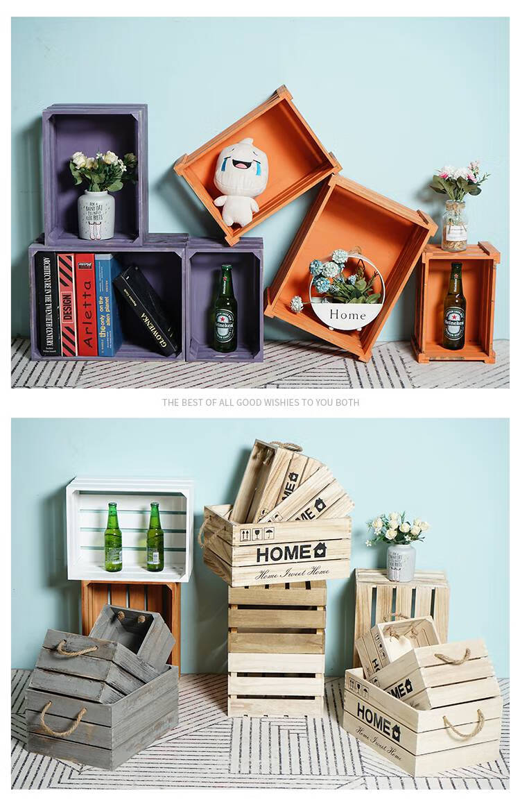 超市木条箱实木箱子复古木箱收纳筐家用装饰长方形木框箱超市陈列木条