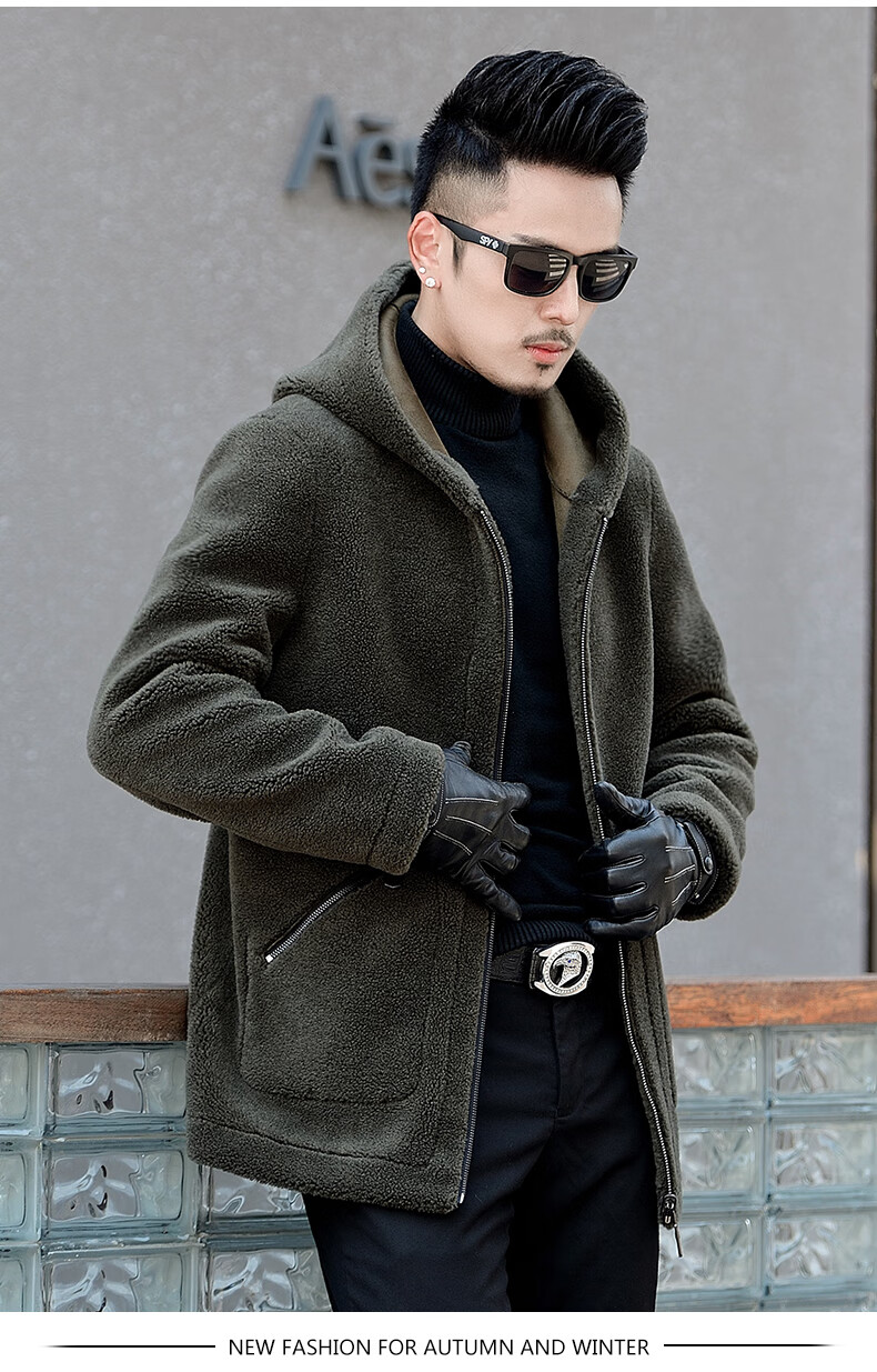 恒源祥彩羊皮毛一体大衣男羊剪绒双面穿男士海宁冬季中长款连帽皮衣