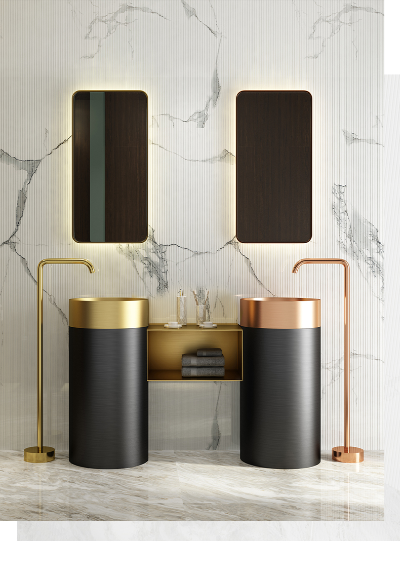 定制酒店高低不锈钢洗手台面一体落地式立柱艺术洗脸洗手盆 (黑色立柱