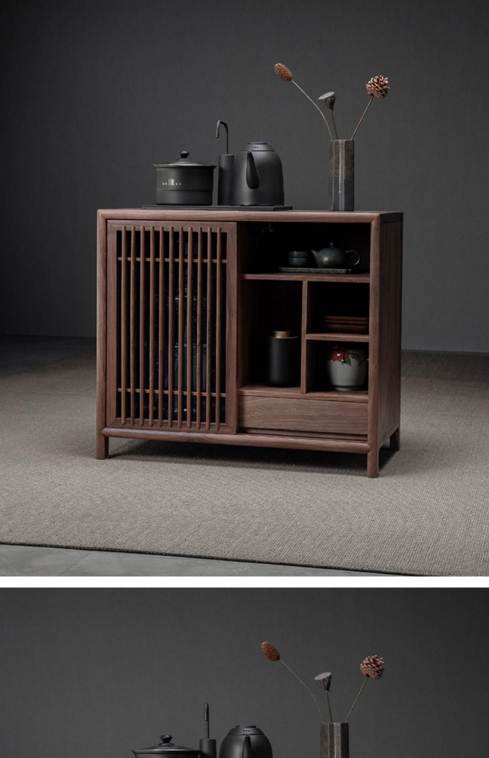 班都轻奢品牌黑胡桃木茶水柜实木收纳柜禅意置物边柜