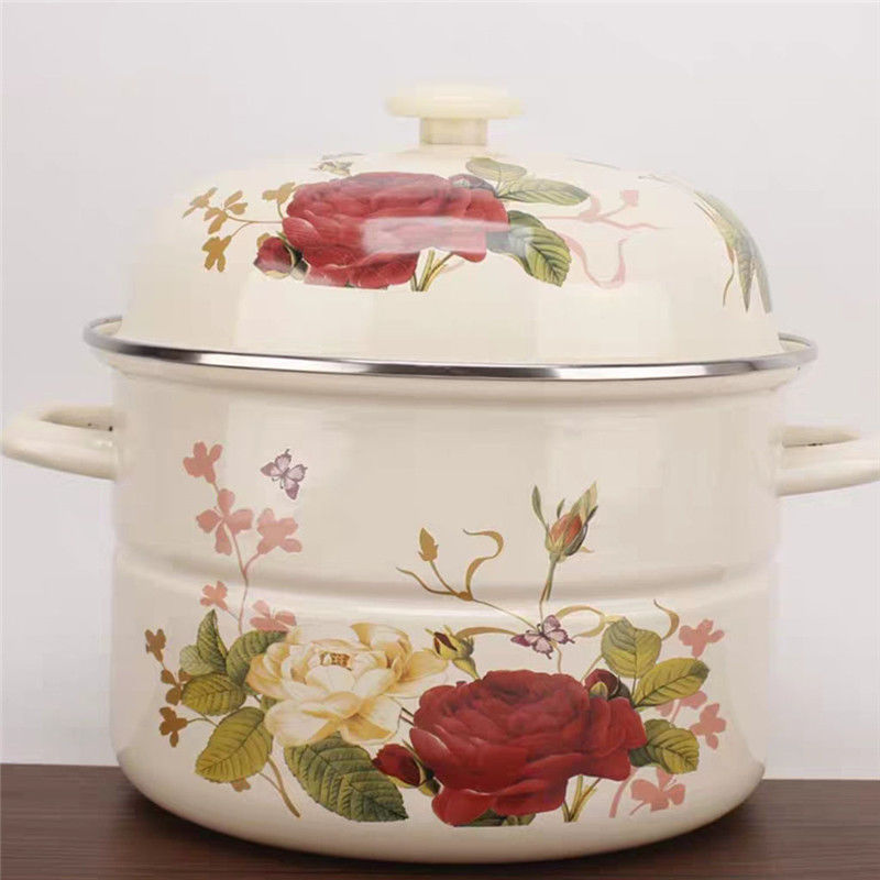 搪瓷蒸锅炖锅加厚平底汤锅蒸锅可蒸包子馒头电磁炉燃气通用带蒸片24cm