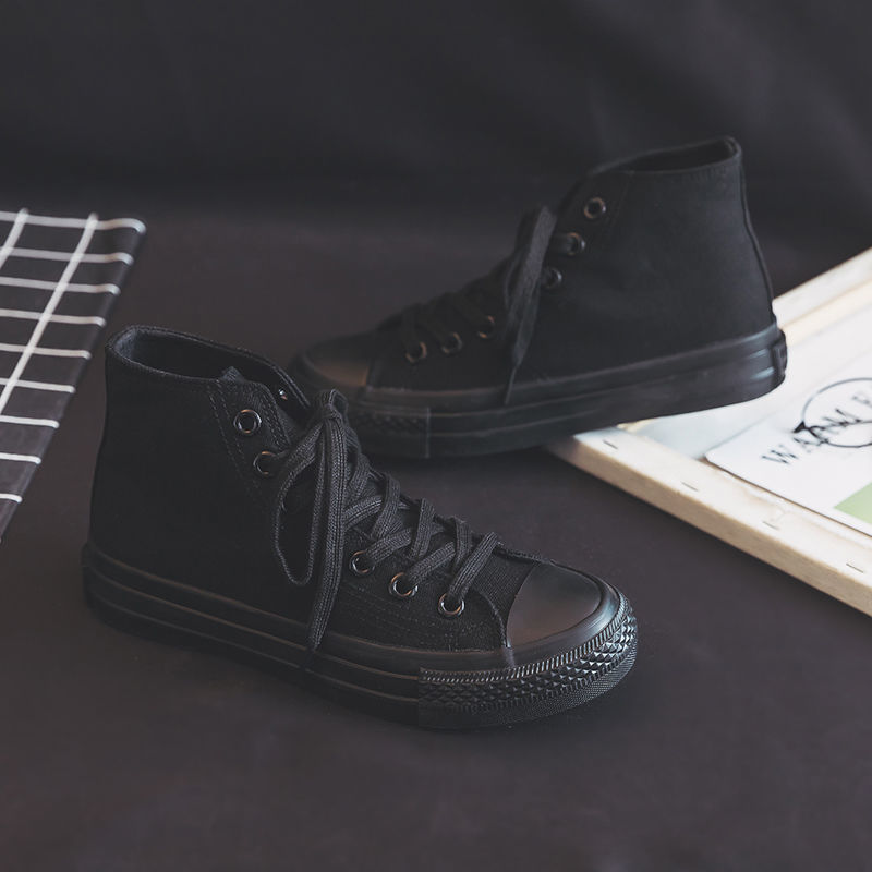 男女高帮运动帆布鞋学生板鞋休闲平底工作单鞋 高邦黑 37 【钕】