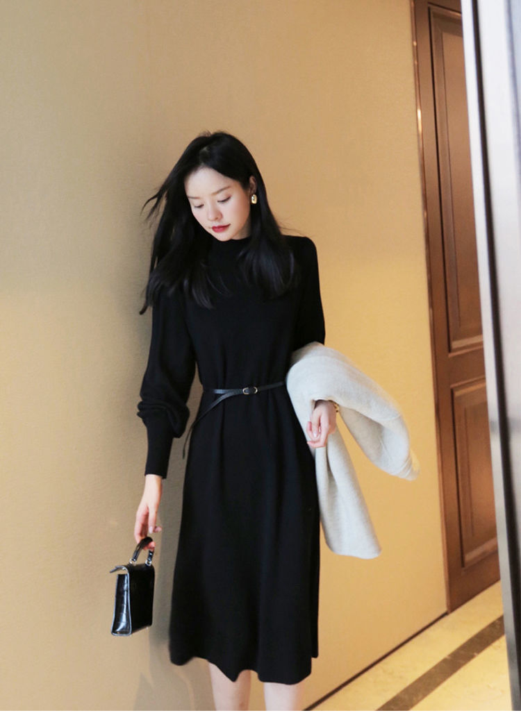 连衣裙女毛衣连衣裙女宽松显瘦内搭单穿中长款针织裙2021秋冬新款黑色