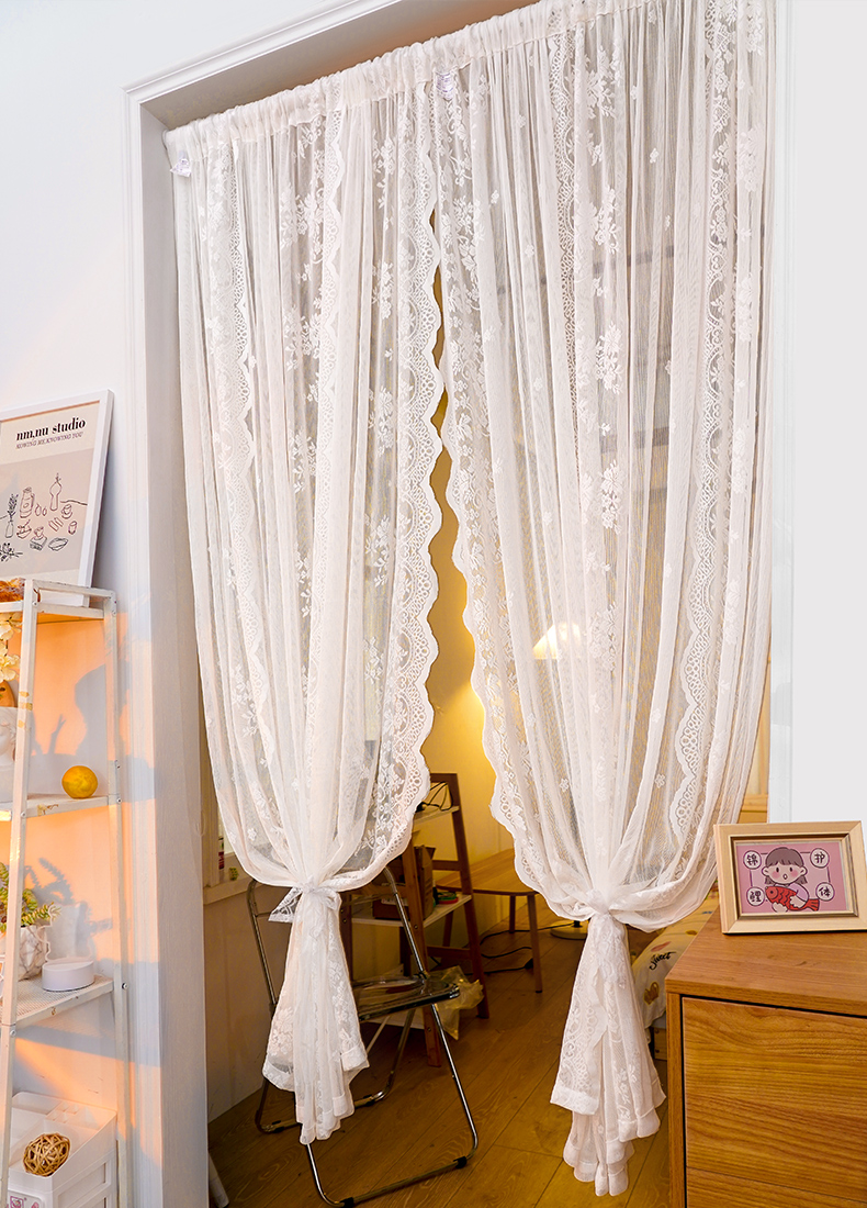 法式蕾丝门帘伸缩杆门帘免打孔纱帘隔断法式蕾丝窗帘ins风帘子卧室