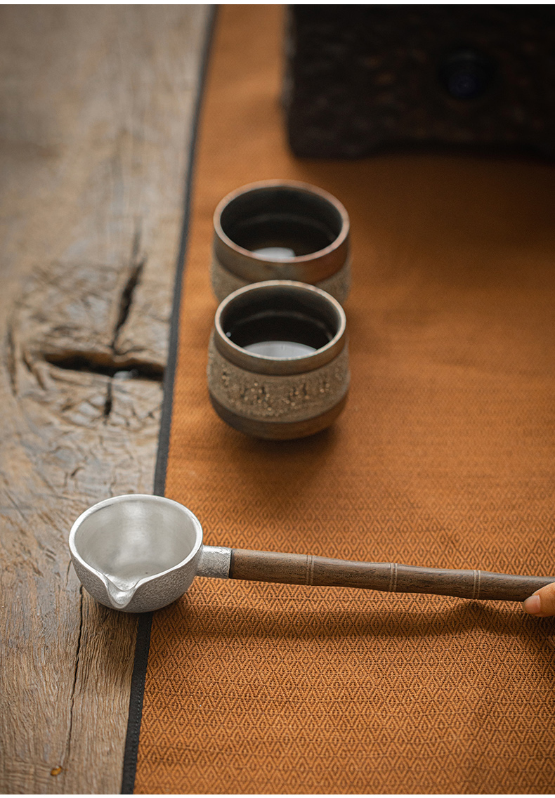 舀茶器日式泥巴人鎏银银舀茶勺分茶器功夫茶具煮茶器配件实木茶勺家用