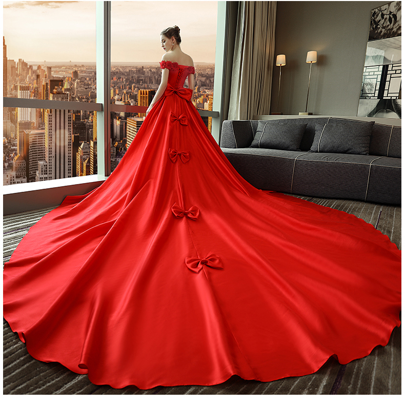 罗蒙romon一字肩红色拖尾婚纱礼服法式缎面新娘结婚简约显瘦2022新款