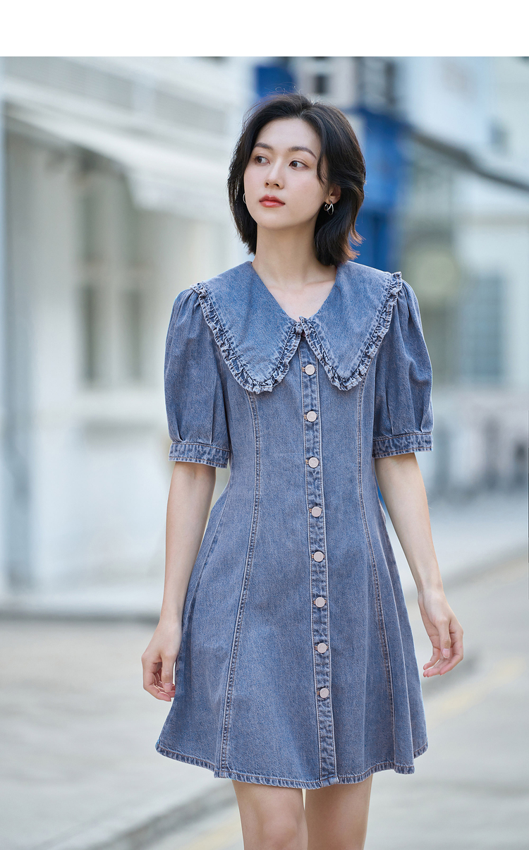 茵曼木耳花边牛仔连衣裙女2022夏季新款娃娃翻领泡泡袖纯棉伞裙子牛仔