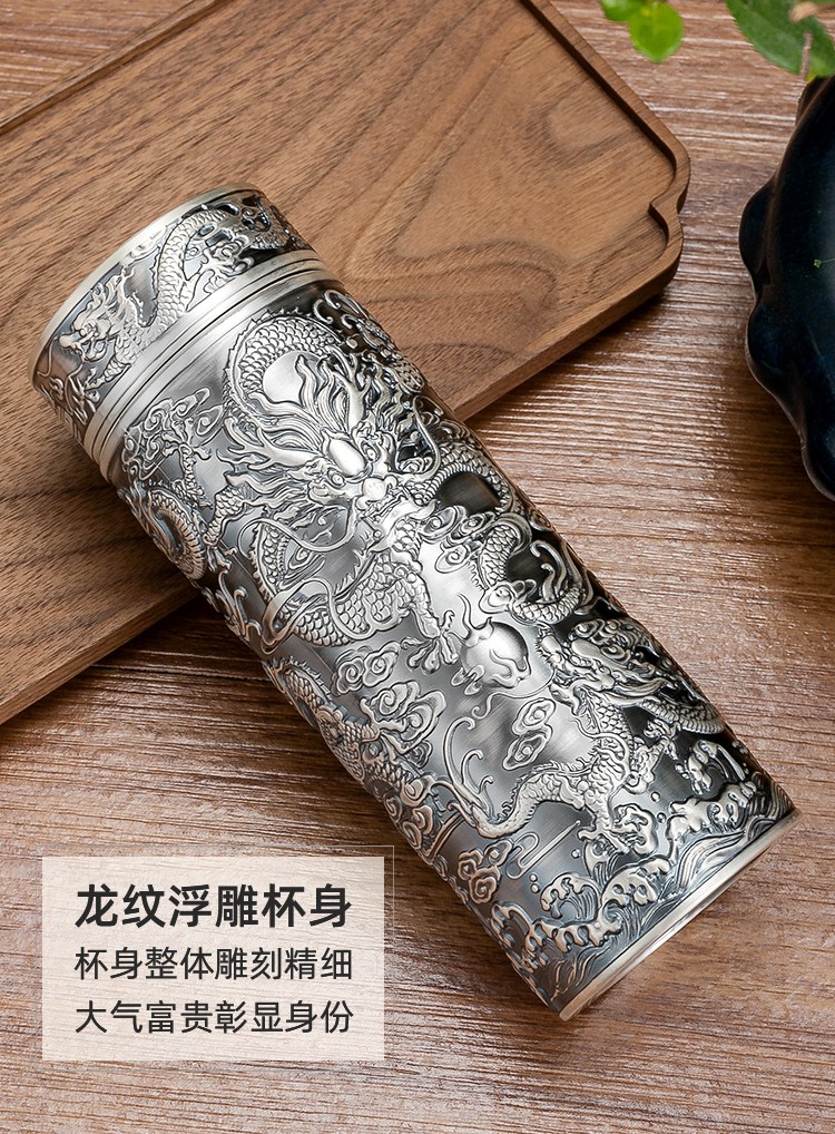 银杯子999足银保温杯雪花银复古水杯九龙献瑞男内外足银养生茶杯大
