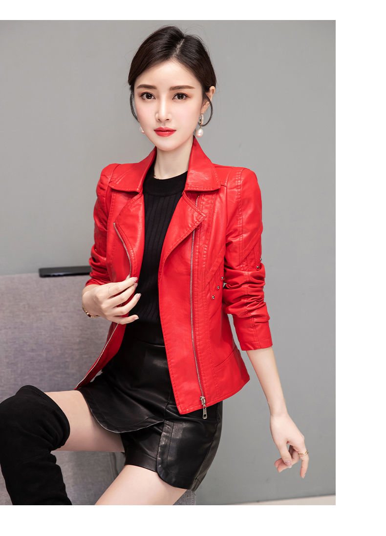 皮衣外套女皮衣皮裤裙时尚两件套2021新款韩版皮衣套装春秋外套女红色