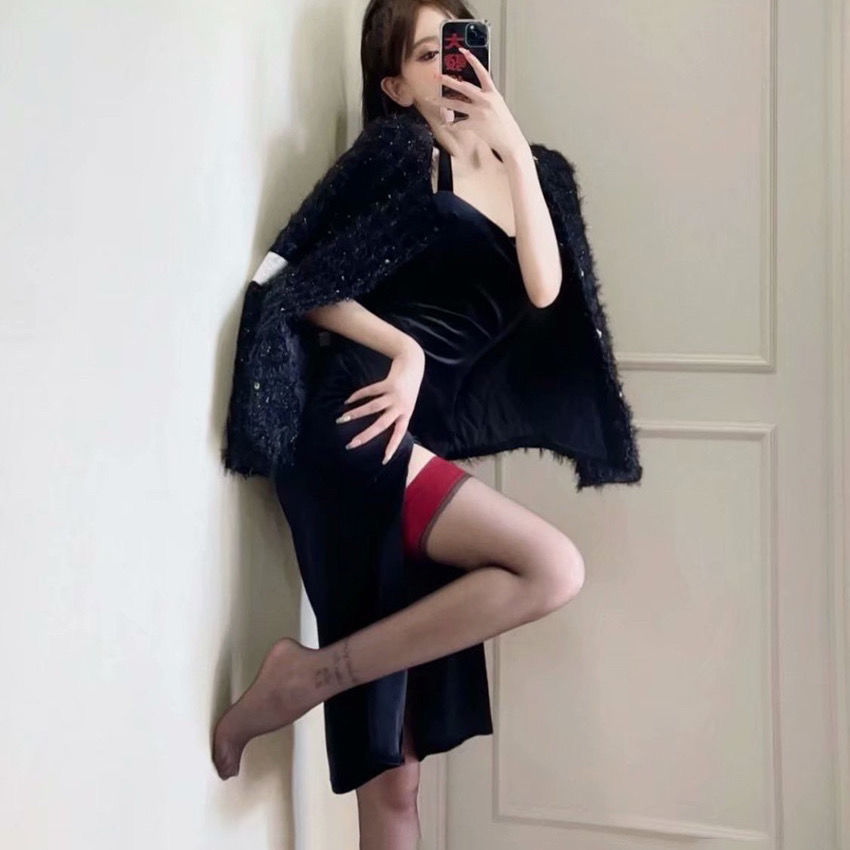 网红小众黑丝袜性感到大腿长筒袜黑色红边黑丝女薄款高筒袜透 红边黑