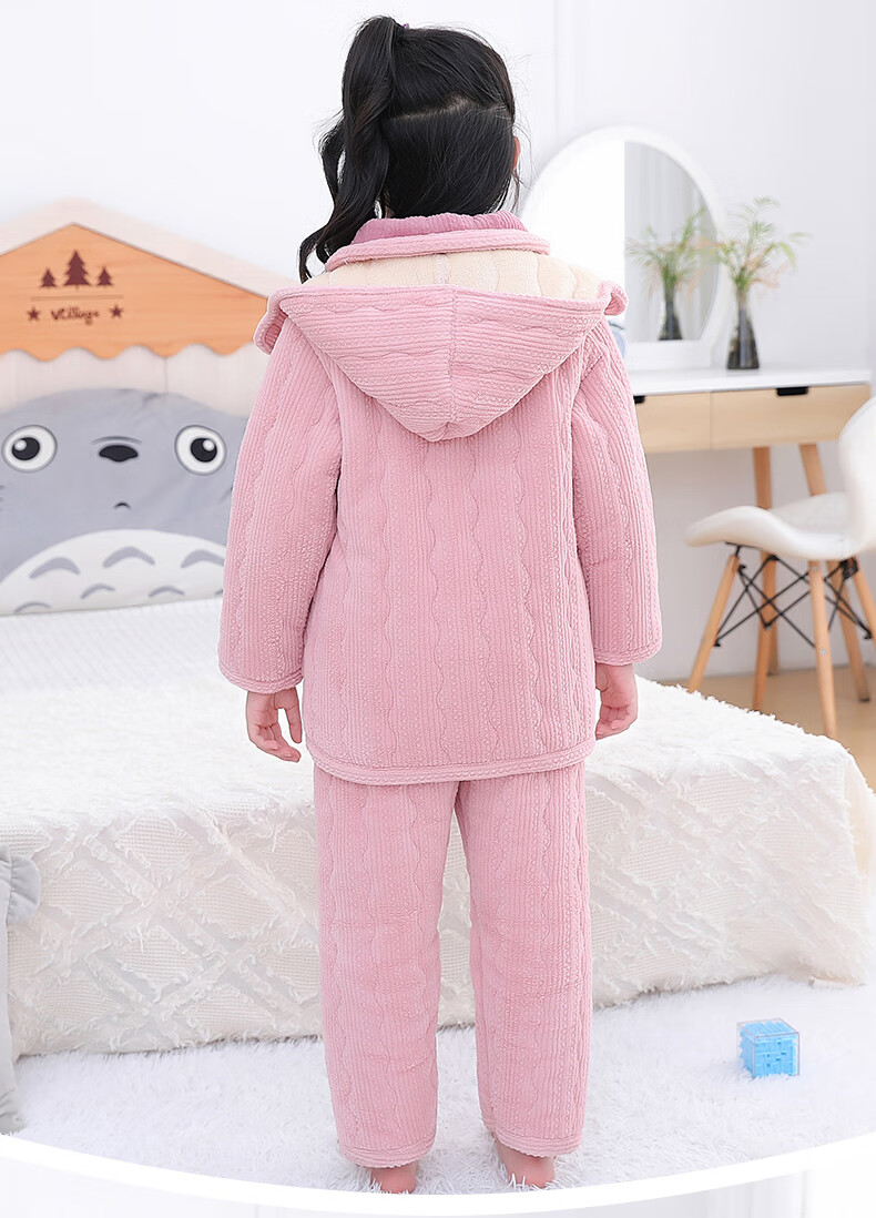 冬季儿童睡衣加厚夹棉男童女童珊瑚绒加绒中大童袖红色帽子可拆卸8码