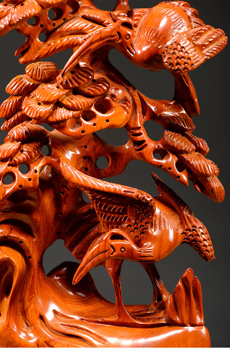 刻木东方花梨木质雕刻松鹤延年根雕摆件红工艺品家居客厅装饰摆设贺寿