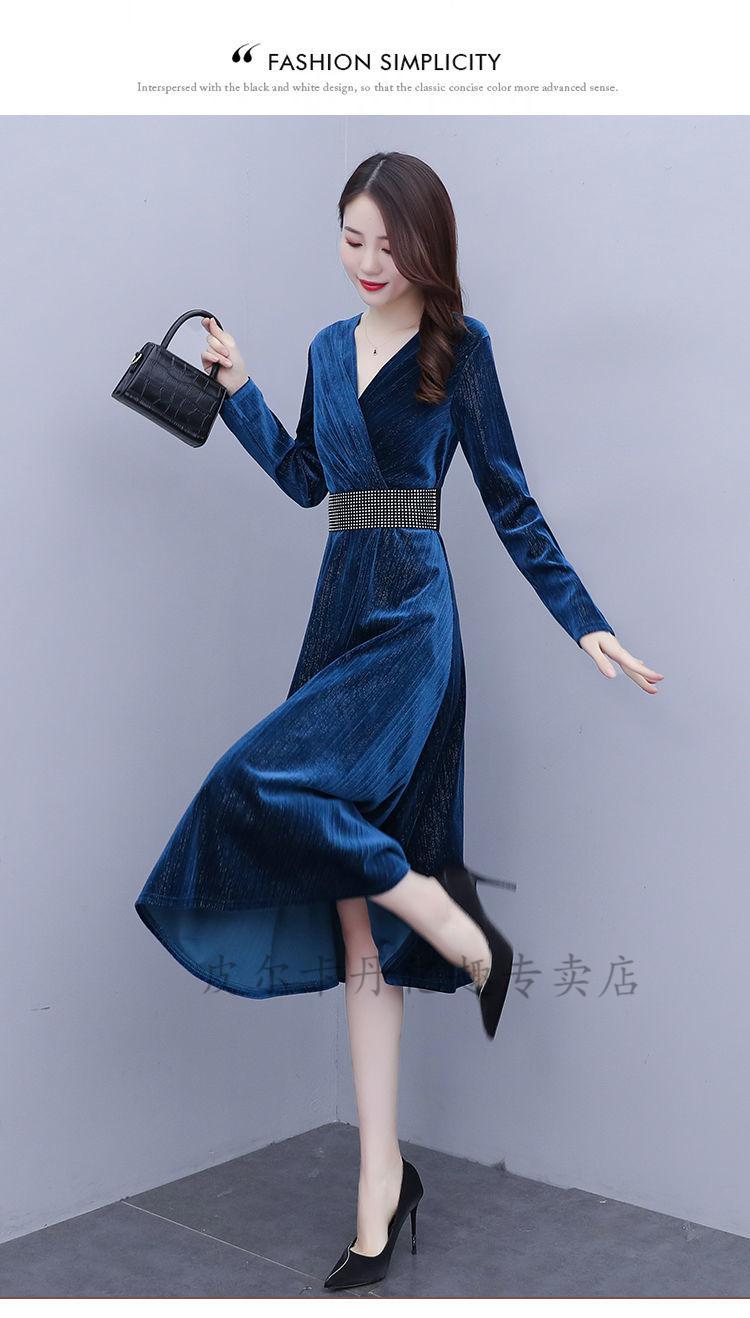 皮尔卡丹官方高档品牌女装捡漏特价亮丝金丝绒连衣裙2021秋冬新款v领