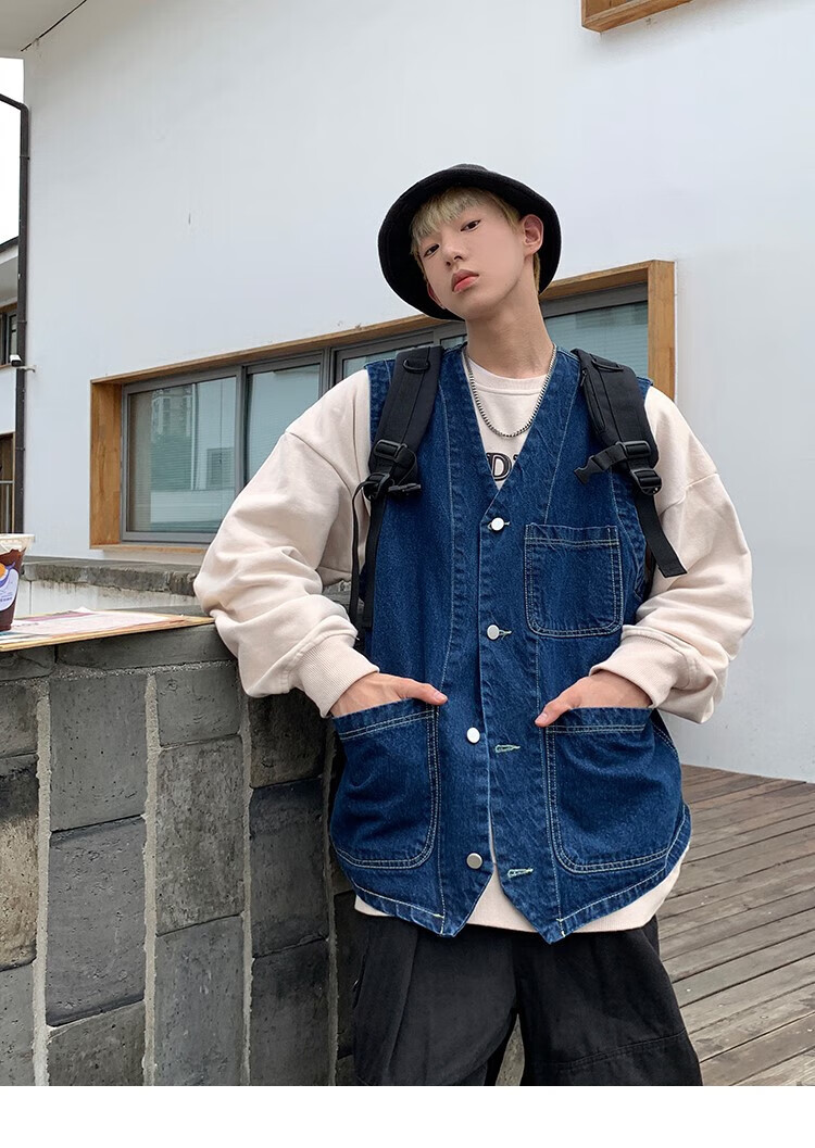 日系cityboy西部牛仔马甲男秋坎肩美式工装背心外套oversize马夹 黑色