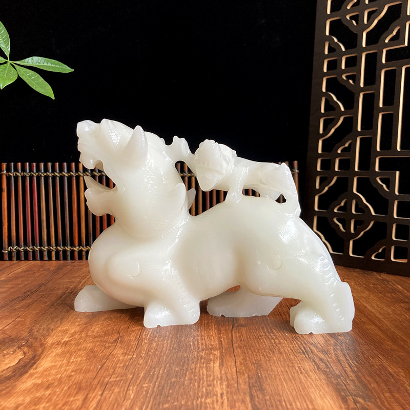 弗朗德 白玉母子貔貅摆件大号一对客厅玄关家居装饰品礼天然玉石过年