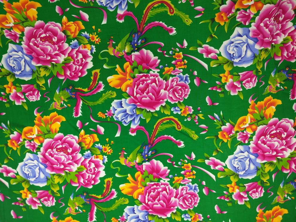 turbosun东北大花布凤凰牡丹装饰棉绸人造棉面料酒店农家乐装修墙面