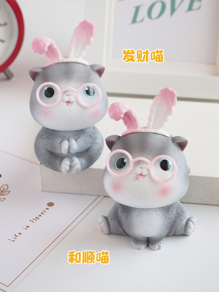 可爱猫咪小摆件肥宅喵妮卡 ins创意汽车桌面装饰树脂公仔节日礼物 摇头摆件-劈叉(灰)BB1082-13A