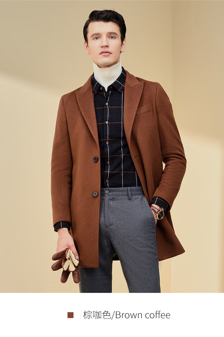 jodoll乔顿男士秋冬中长款绵羊毛大衣英伦修身戗驳领毛呢外套棕咖色52