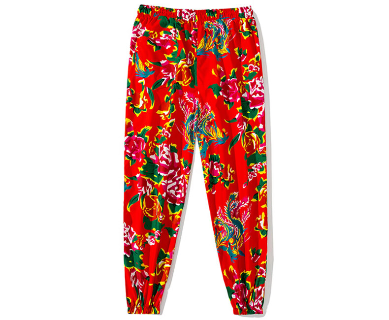 东北大花裤中国风男女夏季花布碎花薄款收束脚裤炸街潮流长裤国潮红色