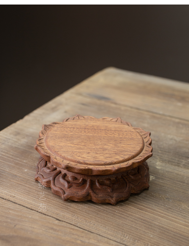 新款观音莲花底座红木圆形禅意莲花托架家用花梨木工艺品奇石花瓶佛像