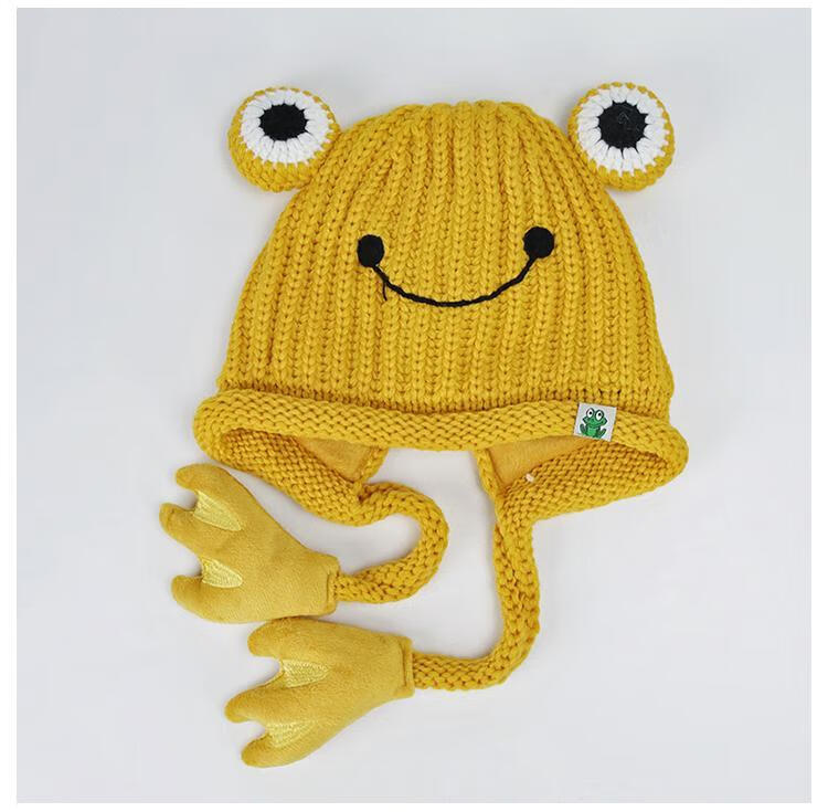 儿童帽子秋冬婴儿可爱超萌宝宝护耳保暖童卡通卡通针织毛线帽绿色青蛙