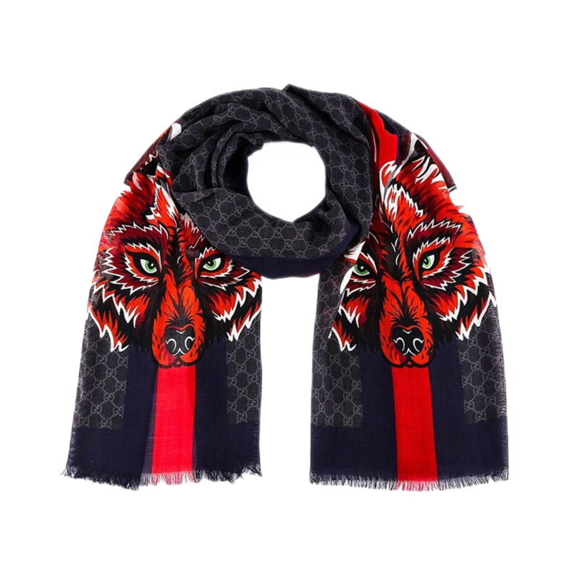 奢侈品gucci古驰gg狼头羊毛围巾男女同款aq印花70200