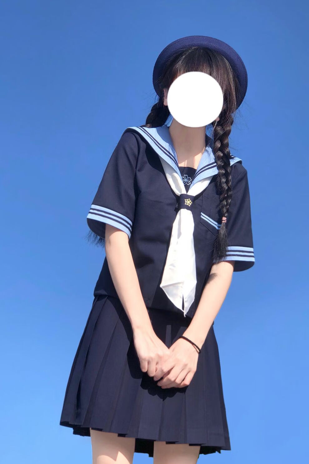 水手服jk制服套裝短袖夏季上衣女基礎款短袖上衣灰藍色白色三角巾金魚