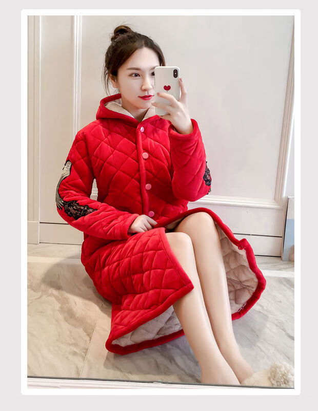 可外穿睡袍女秋冬季三层夹棉加厚加长款加绒保暖珊瑚绒法兰绒浴袍红色