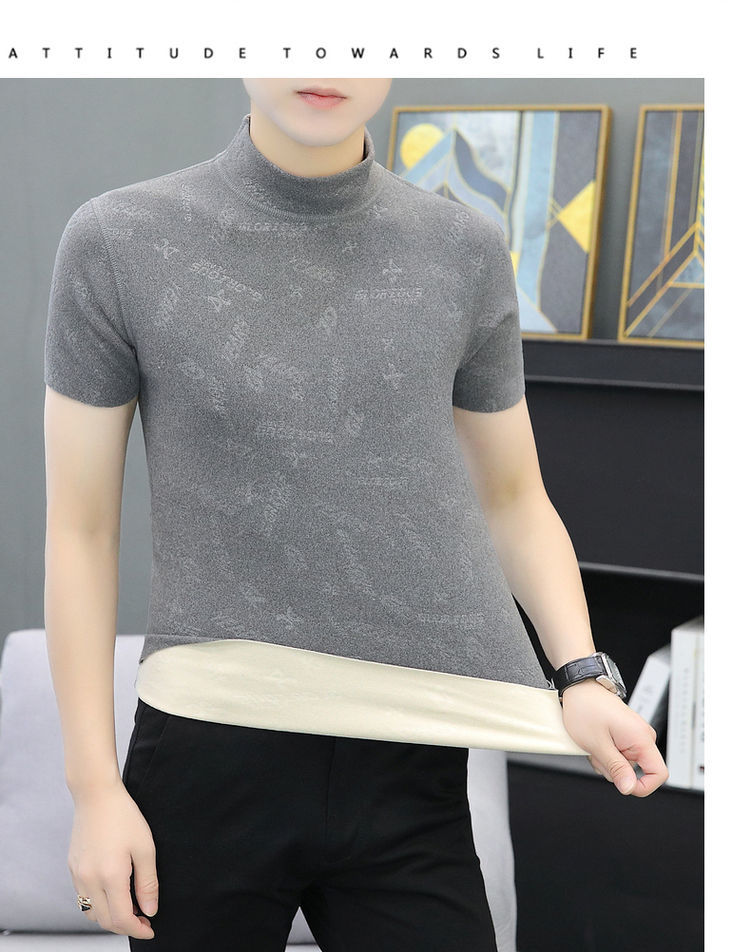 弘临2021秋冬季半高领保暖短袖t恤男士双面加绒内搭半袖德绒加厚打底