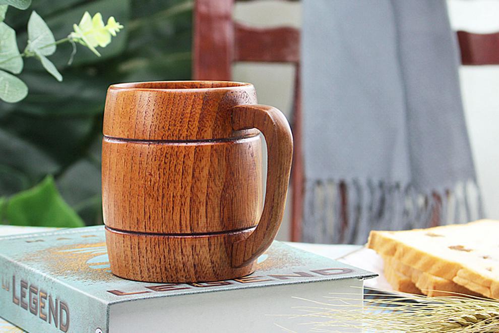酒桶杯日式复古大肚杯木杯子带盖勺木质酒桶杯原木大容量木制啤酒杯木