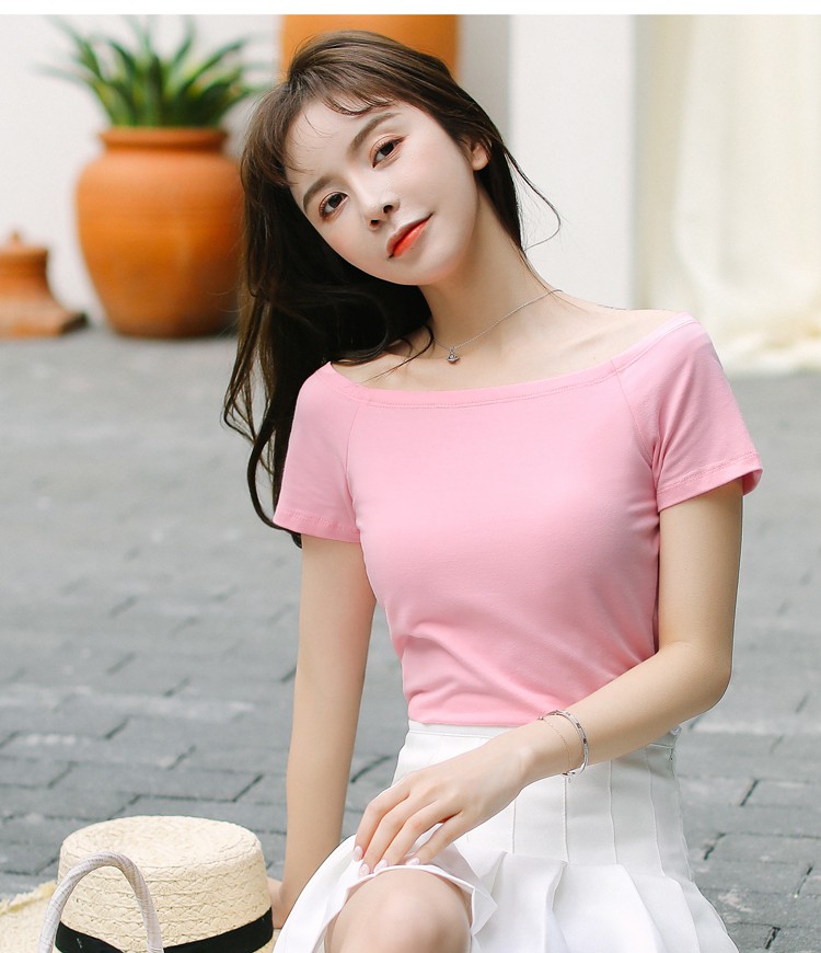 60露肩一字肩上衣女生季一字领半袖短款性感紧身小众锁骨t恤女短袖