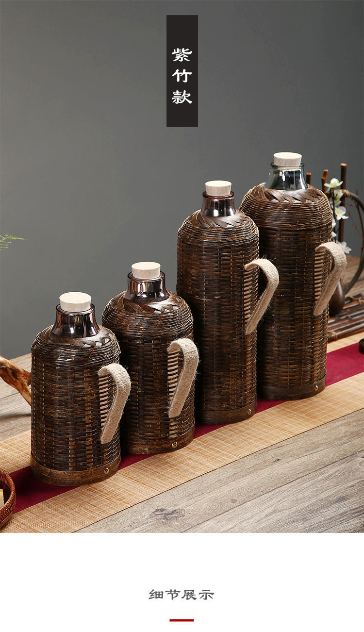 竹编热水瓶家用手工传统木塞水壶茶室办公室保温瓶玻璃内胆热水壶16