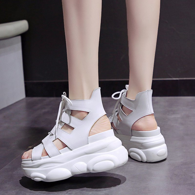 女士松糕凉皮鞋厚底凉鞋女夏季高跟百搭休闲时装运动高帮罗马女鞋白色