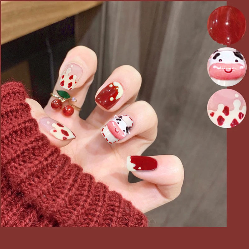【精选直发】穿戴美甲贴片长短款假指甲贴片可拆卸带钻甲片新款蝴蝶结甲片成品古莎 M060金箔车厘子 24粒极粘果冻胶+胶水+打磨棒