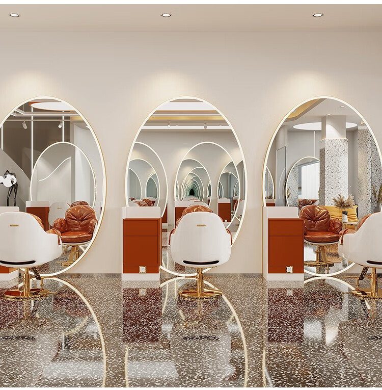 霖舍 高端网红理发店椭圆镜子发廊专用单面双面美发落地镜台带灯全身