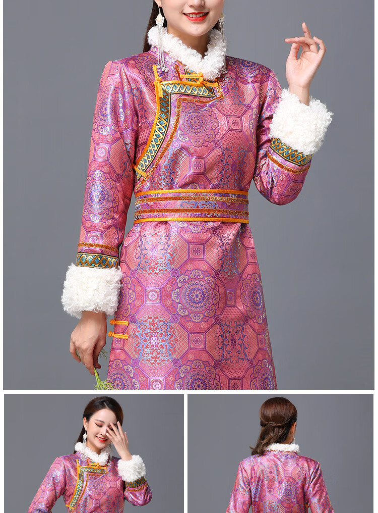 蒙古袍女生活装长款成人蒙古服装白色礼服演出表演舞蹈服女服士薄棉衣