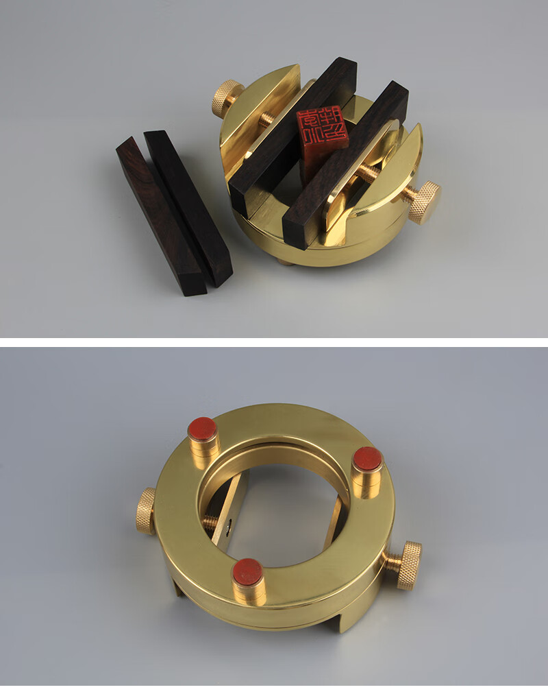 黄铜印床印章篆刻工具360度旋转一体印台圆形初学者大号实木夹具 双轴