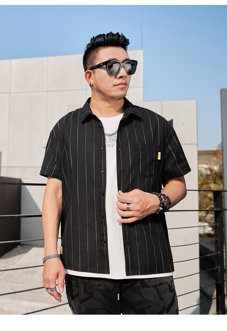 坦野大码男装衬衫男胖子男装短袖条纹衬衫男防棉麻加肥加大商务休闲