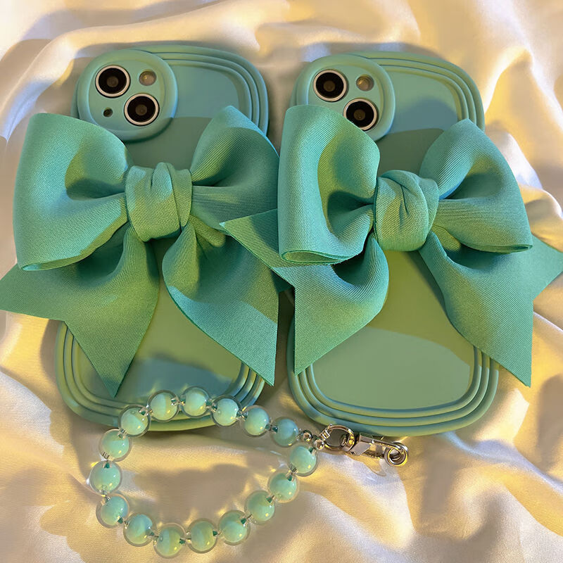 铠莉 日韩风淡青蝴蝶结苹果13手机壳12promax波浪边iphone11女xr手链