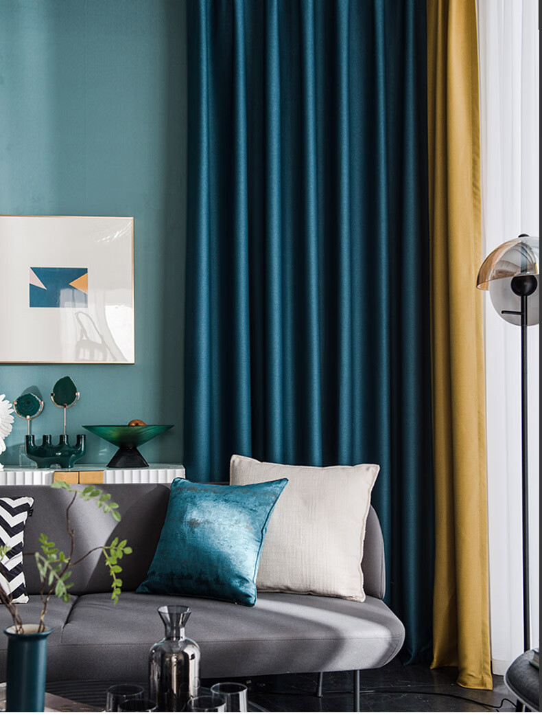 轻奢大气纯色拼接成品现代2020年新款遮光客厅布 维拼-孔雀绿&橙色