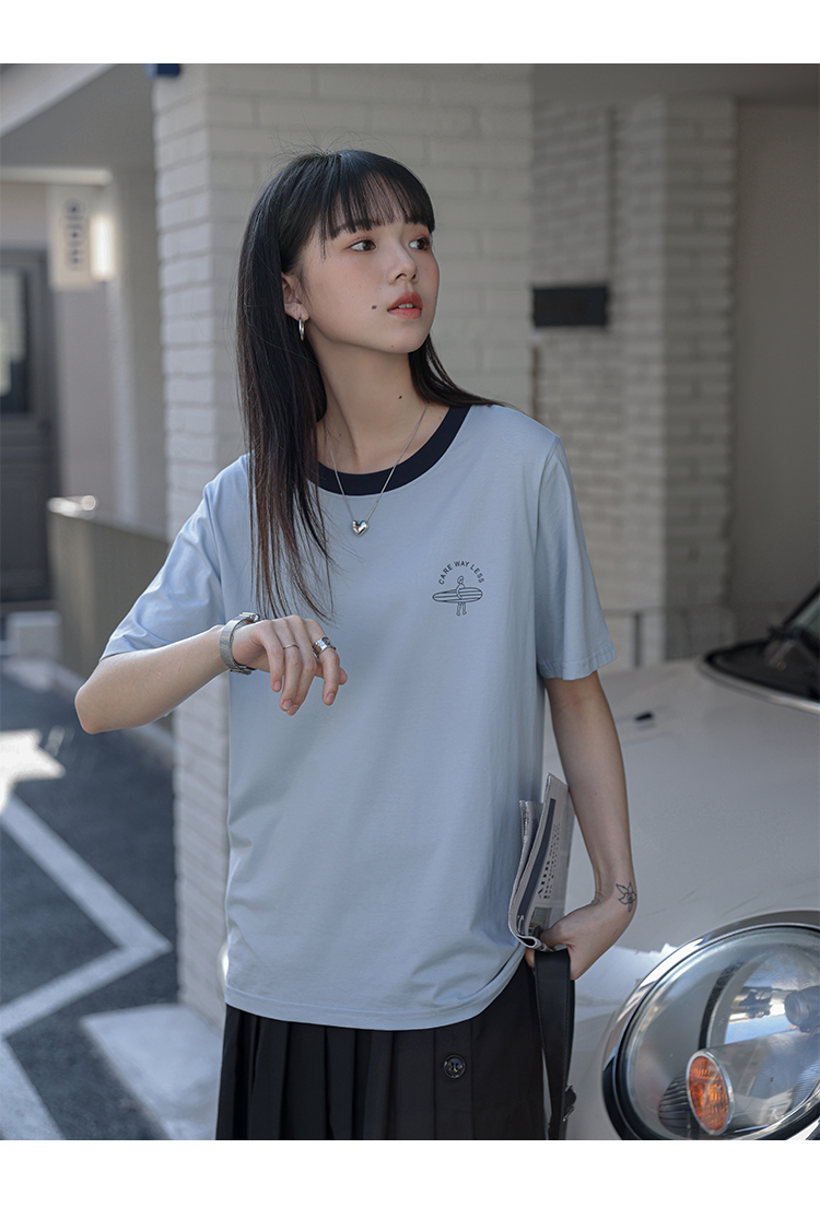 岚烨韩版少女风简约百搭白色t恤女宽松韩版撞色圆领纯棉短袖女学生