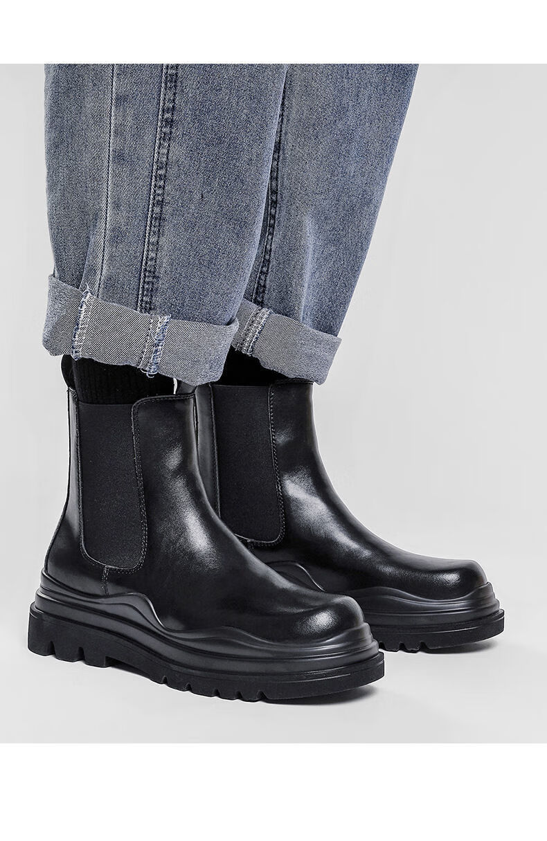 切尔西靴男祖母绿底中帮烟筒短靴高帮加绒工装男鞋秋季 绿色(单皮内里