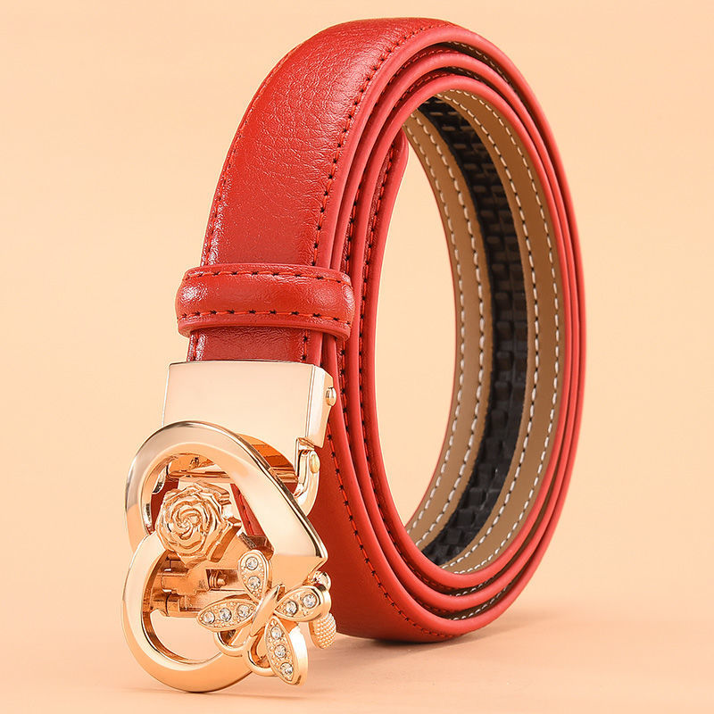 女士白色皮带自动扣装饰平滑扣细腰带韩版简约休闲女网红为柔黑色叶子