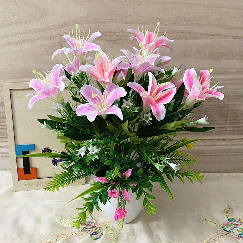 精选现发新品仿真花经典百合花假花花花盆客厅家居餐桌摆件装饰花单枝