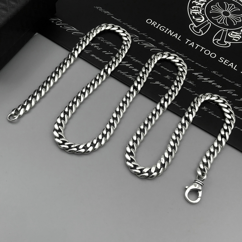 凌盛925银ch克罗心个性嘻哈男士女潮人日韩版复古65mm扁链古巴项链链