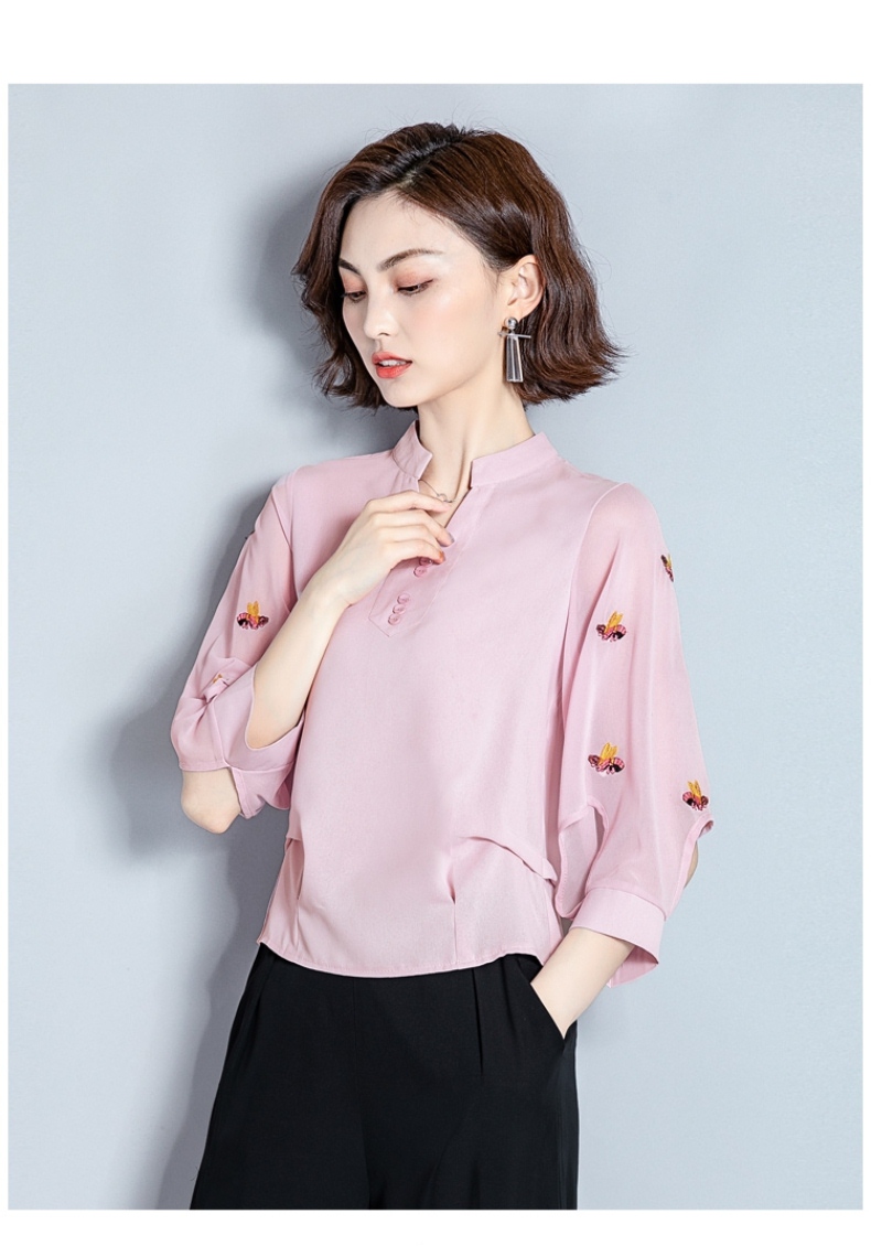 有带领子的t恤中袖女红色雪纺七分袖上衣t恤短款小衫夏装2022新款洋气